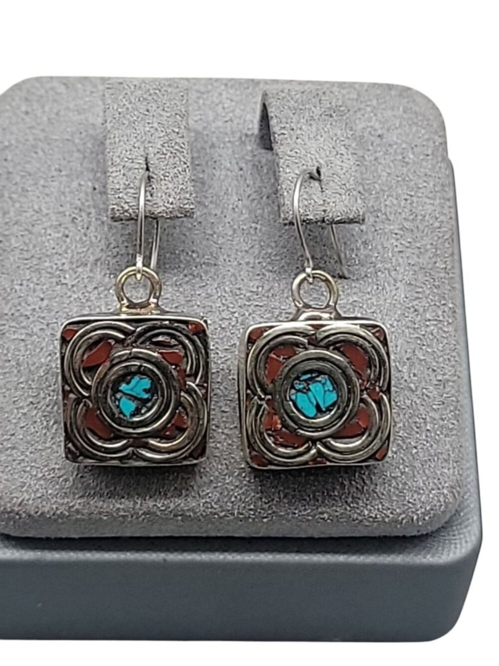 Sterling Silver Turquoise Coral Dangling Hook Earrings Southwestern-style